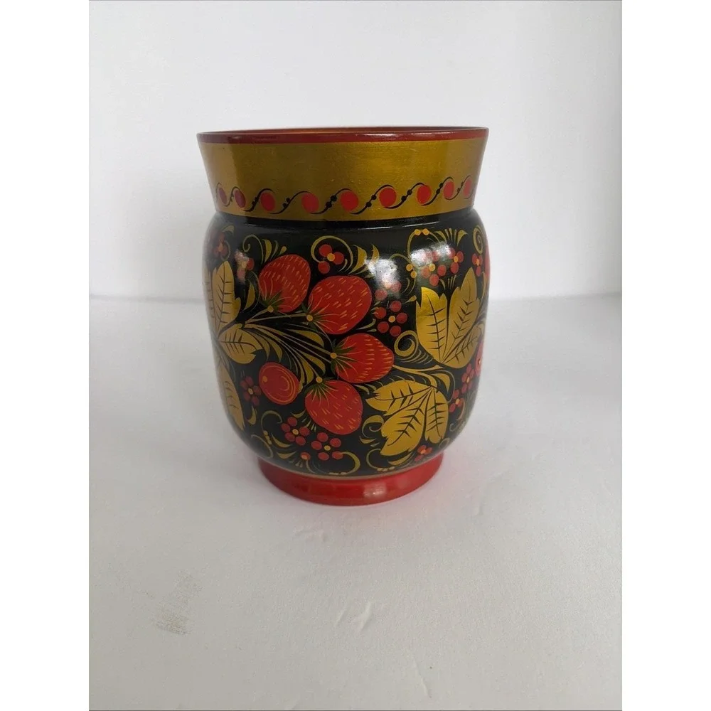 Vintage USSR Khokhloma Russian Folk Art Wood Floral Vase Leaves Berries